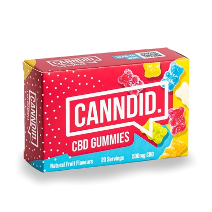 Box of CANNDID CBD Gummies with natural fruit flavours. 500mg CBD, 20 servings. Easy delivery menu item. Peoples CBD - Make Life Better Everyday!