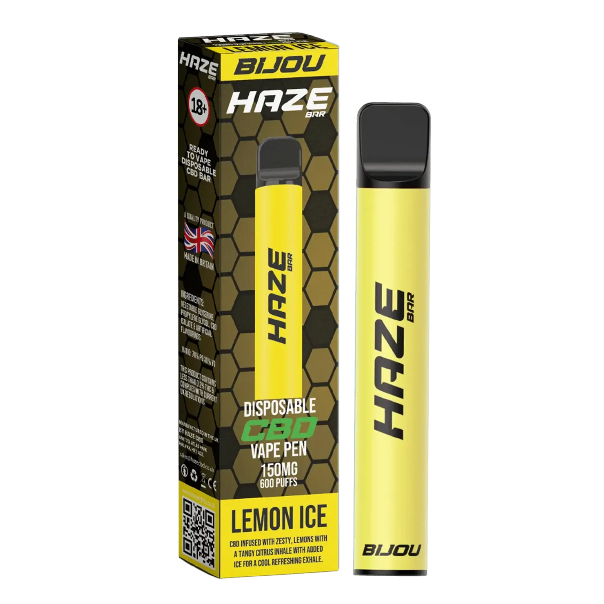 HAZE CBD VAPE 150MG Lemon Ice disposable vape pen, offering 600 puffs of zesty lemon flavour. Peoples CBD - Make Life Better Everyday!