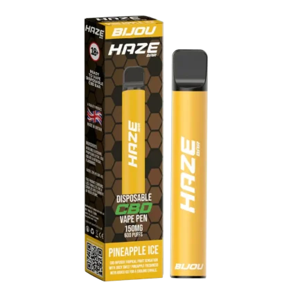 HAZE CBD VAPE 150MG PINEAPPLE ICE disposable vape pen with tropical pineapple flavour and a cooling exhale. Peoples CBD - Make Life Better Everyday!
