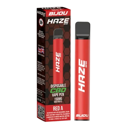 HAZE CBD VAPE 150MG RED A disposable vape pen, 150mg CBD, red device and packaging. Peoples CBD - Make Life Better Everyday!