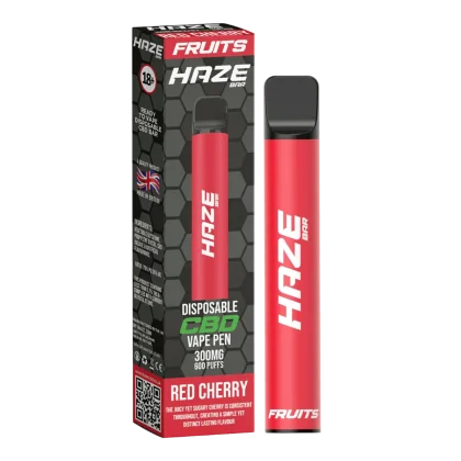 HAZE CBD VAPE 300MG RED CHERRY: Disposable vape pen with a juicy, sugary cherry flavour, 600 puffs. Peoples CBD - Make Life Better Everyday!