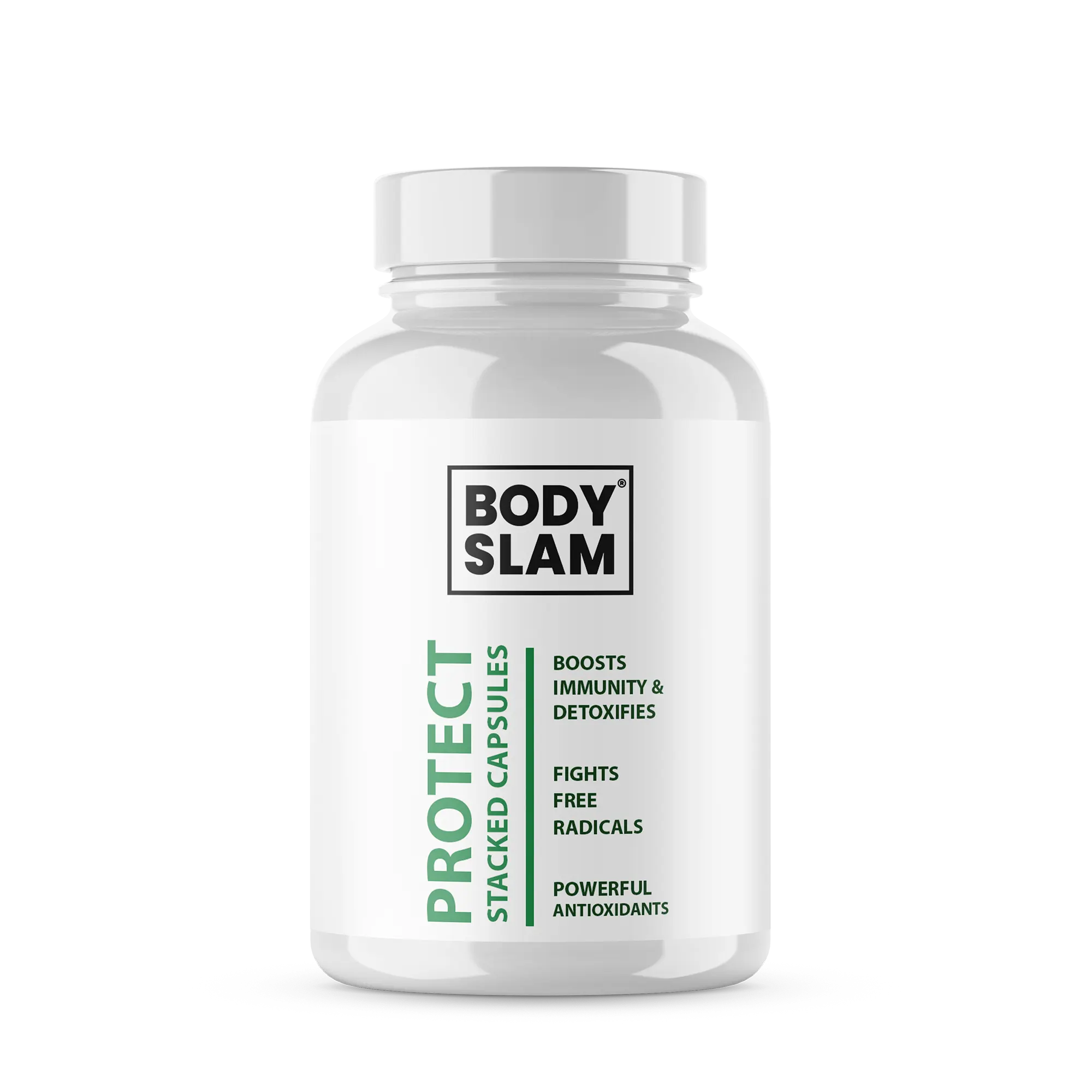 BODYSLAM® PROTECT STACKED CAPSULES: Immunity boosting antioxidant supplement in a white bottle. Peoples CBD - Make Life Better Everyday!