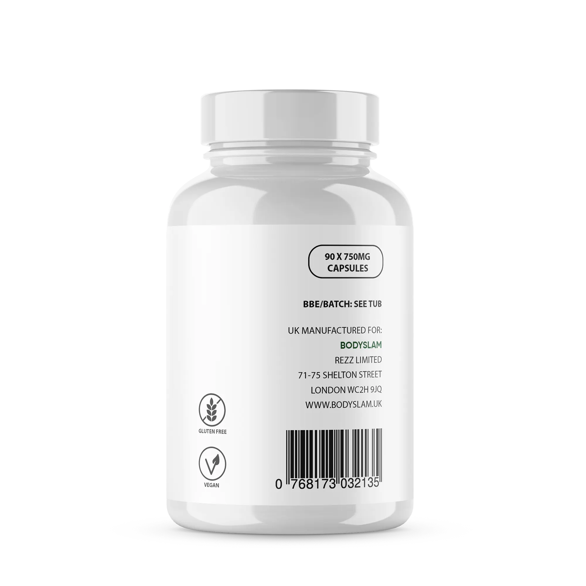 Bodyslam supplement bottle with 90 capsules, gluten free and vegan. Bodyslam is a registered trademark. Peoples CBD - Make Life Better Everyday!