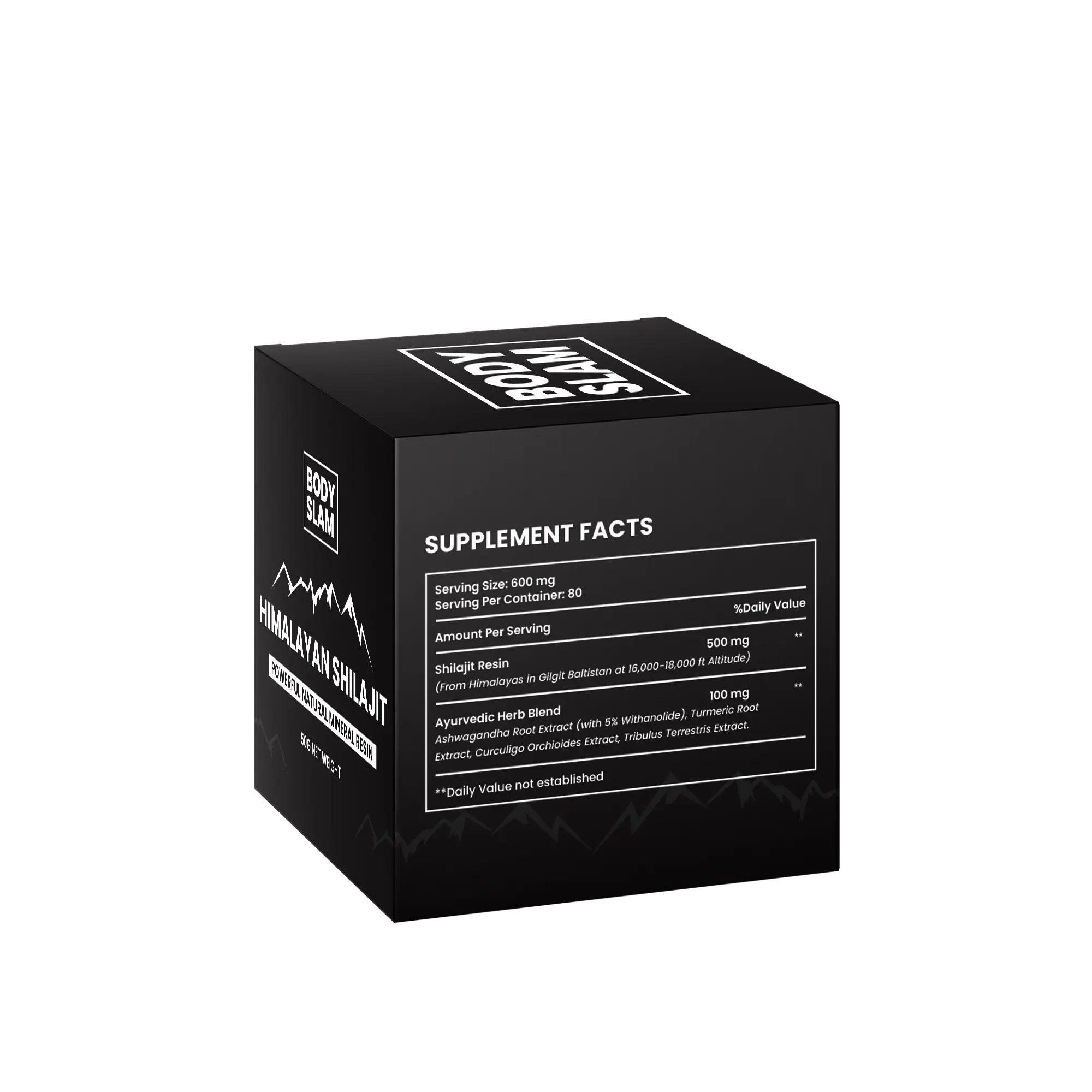 Bodyslam Himalayan Shilajit supplement box, highlighting the supplement facts and natural mineral resin. Peoples CBD - Make Life Better Everyday!