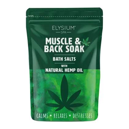 Elysium Spa Muscle & Back Soak with Hemp Seed Oil 450g: Bath salts to calm, relax and destress muscle & back pain. Peoples CBD - Make Life Better Everyday!