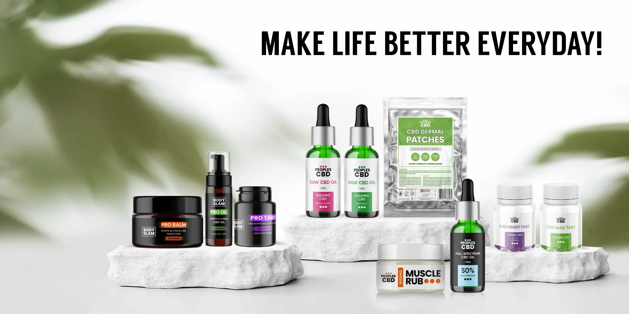 Bodyslam CBD products: oils, patches, balms, and tablets for sports, fitness, and wellness. "Make life better everyday! Peoples CBD - Make Life Better Everyday!
