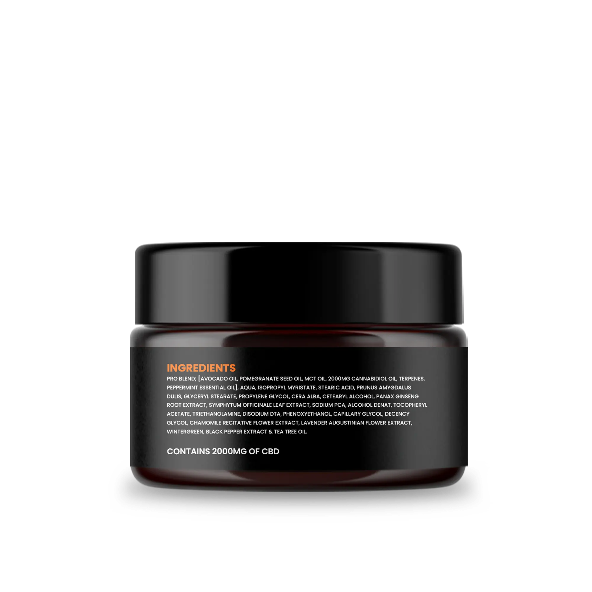 CBD cream jar with ingredients list: avocado oil, pomegranate seed oil, 2000mg cannabidiol oil, and tea tree oil. Peoples CBD - Make Life Better Everyday!