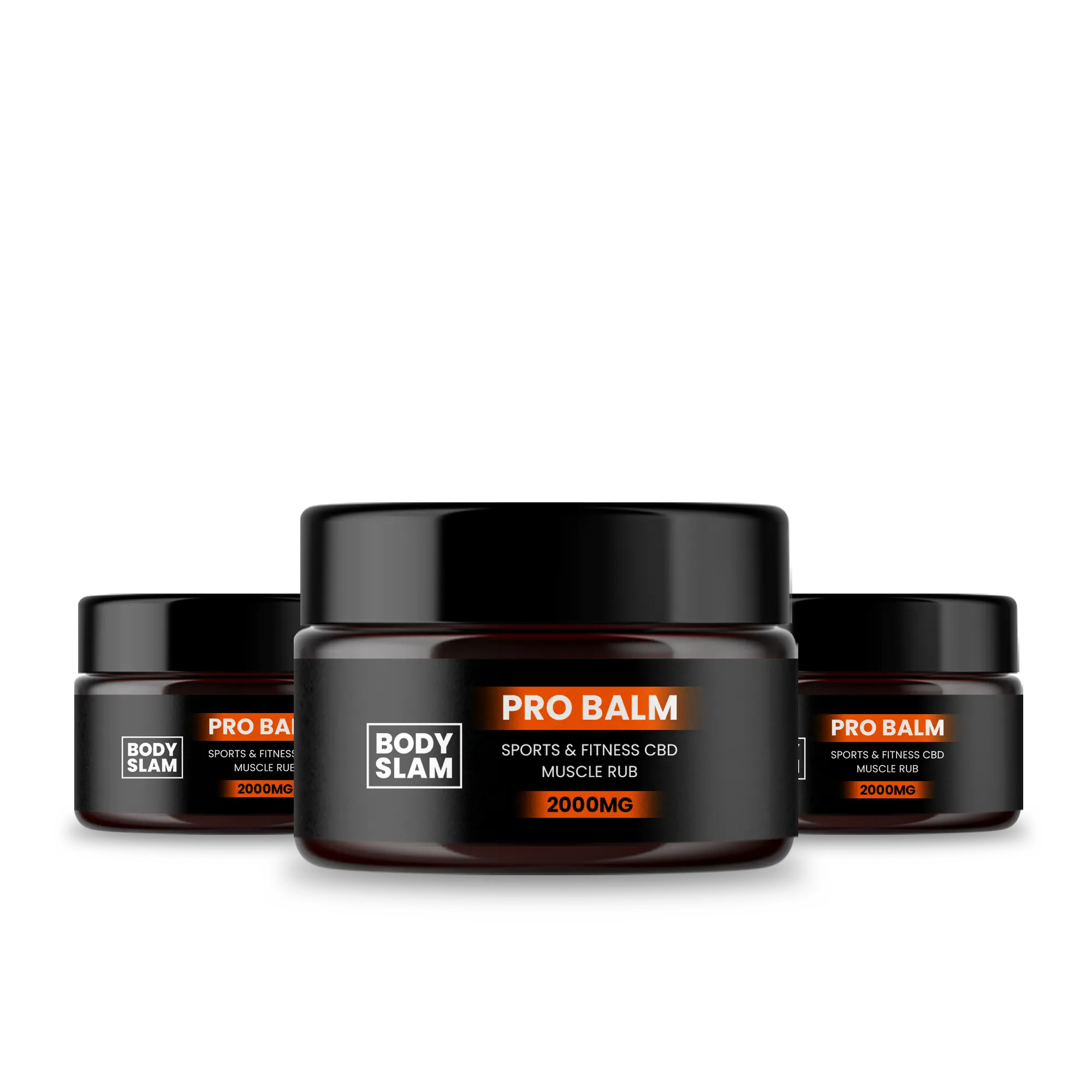 Three Bodyslam Pro Balm muscle rub containers. Sports & Fitness CBD, 2000mg strength. Peoples CBD - Make Life Better Everyday!
