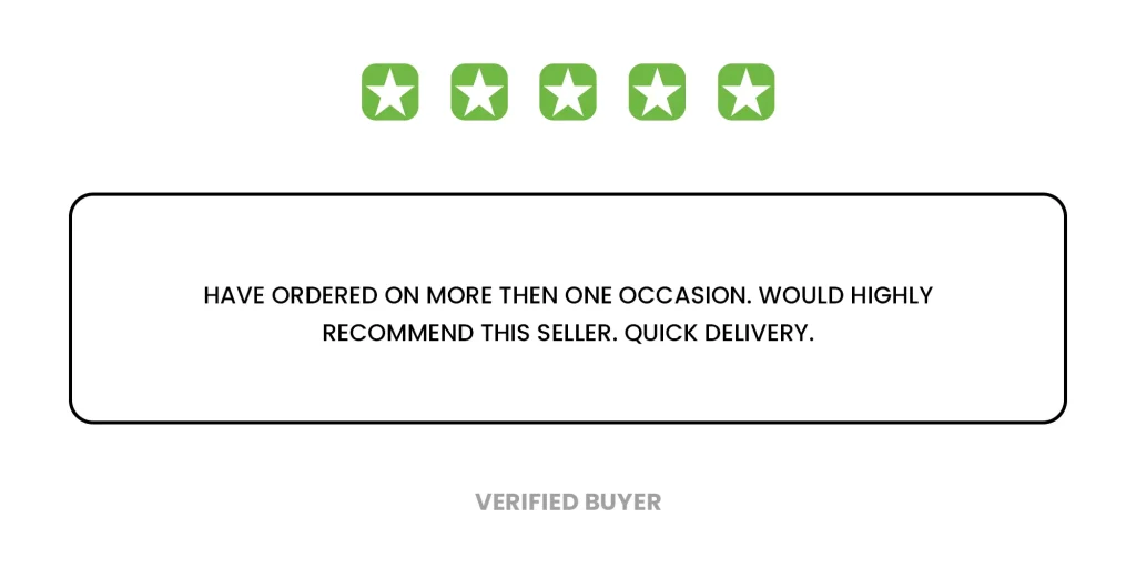 Customer review: 5 stars, "Would highly recommend this seller. Quick delivery." Verified buyer. Peoples CBD - Make Life Better Everyday!