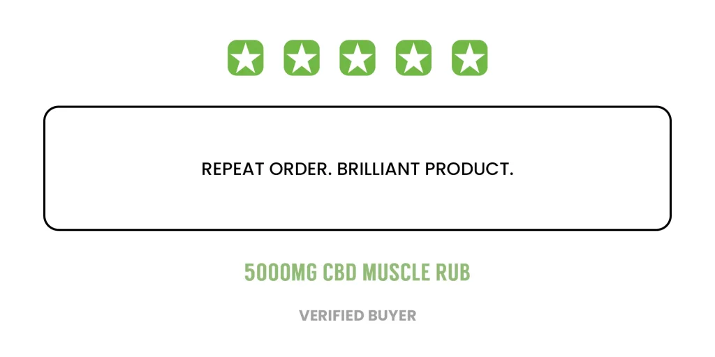 5-star review of 5000mg CBD muscle rub: "Repeat order. Brilliant product. Peoples CBD - Make Life Better Everyday!
