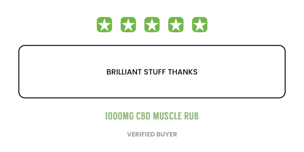 Review of 1000mg CBD muscle rub: 5-star rating, "Brilliant stuff thanks." Verified buyer. Peoples CBD - Make Life Better Everyday!