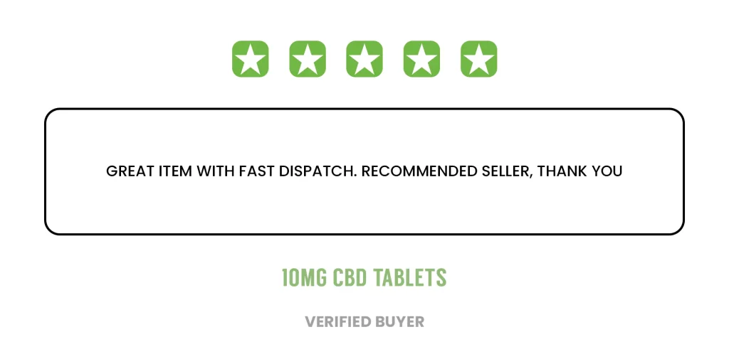Customer review of 10mg CBD tablets with a 5-star rating: "Great item with fast dispatch. Peoples CBD - Make Life Better Everyday!