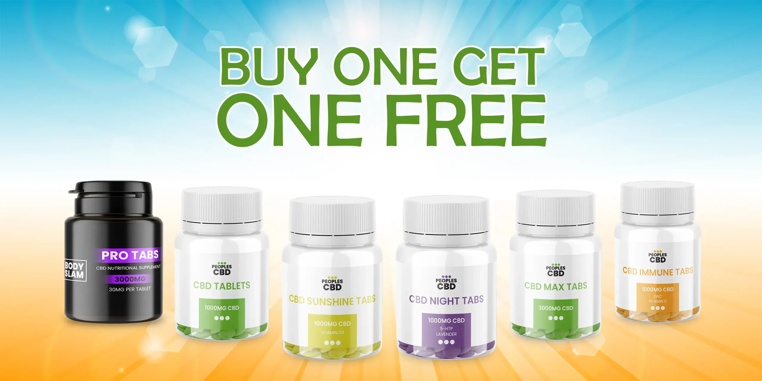 Peoples Cbd Buy One Get One Free Offer Buy One Get One Free CBD products: Pro Tabs, CBD Tablets, Sunshine Tabs, Night Tabs, Max Tabs, Immune Tabs Peoples CBD - Make Life Better Everyday!