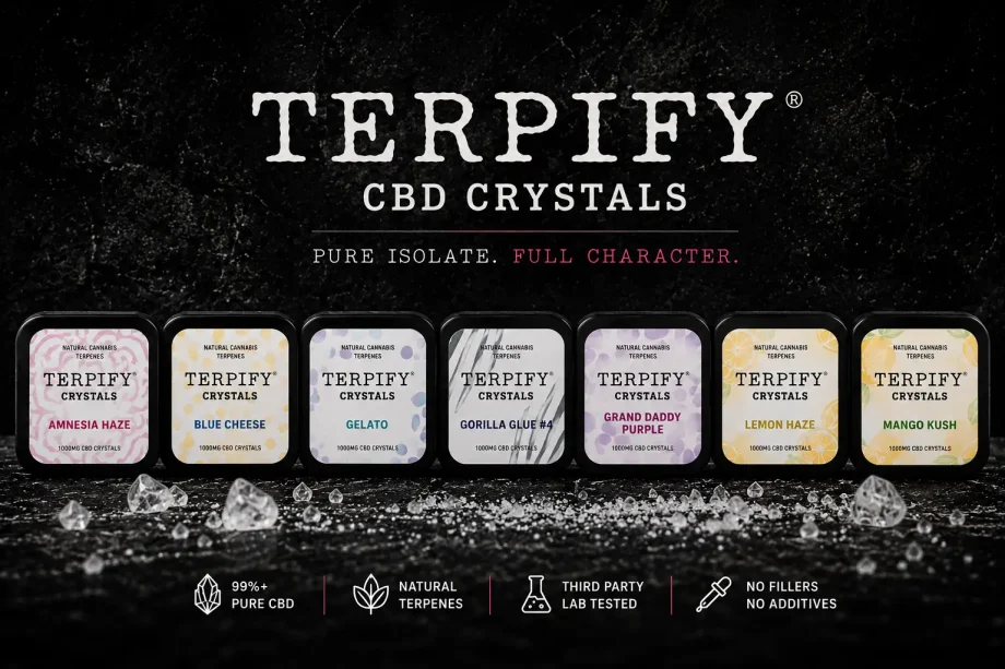 Terpify CBD Crystal9 natural cannabis terpene flavours including Amnesia Haze and Gelato. Peoples CBD - Make Life Better Everyday!