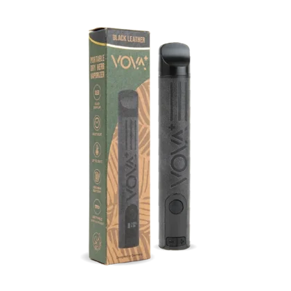 Black leather Voya+ dry herb vaporizer and its packaging Peoples CBD - Make Life Better Everyday!
