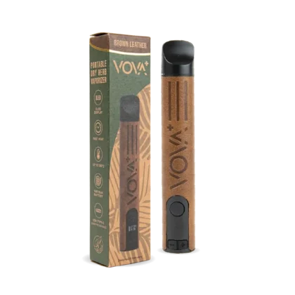Brown leather Voya+ dry herb vaporizer and its packaging Peoples CBD - Make Life Better Everyday!