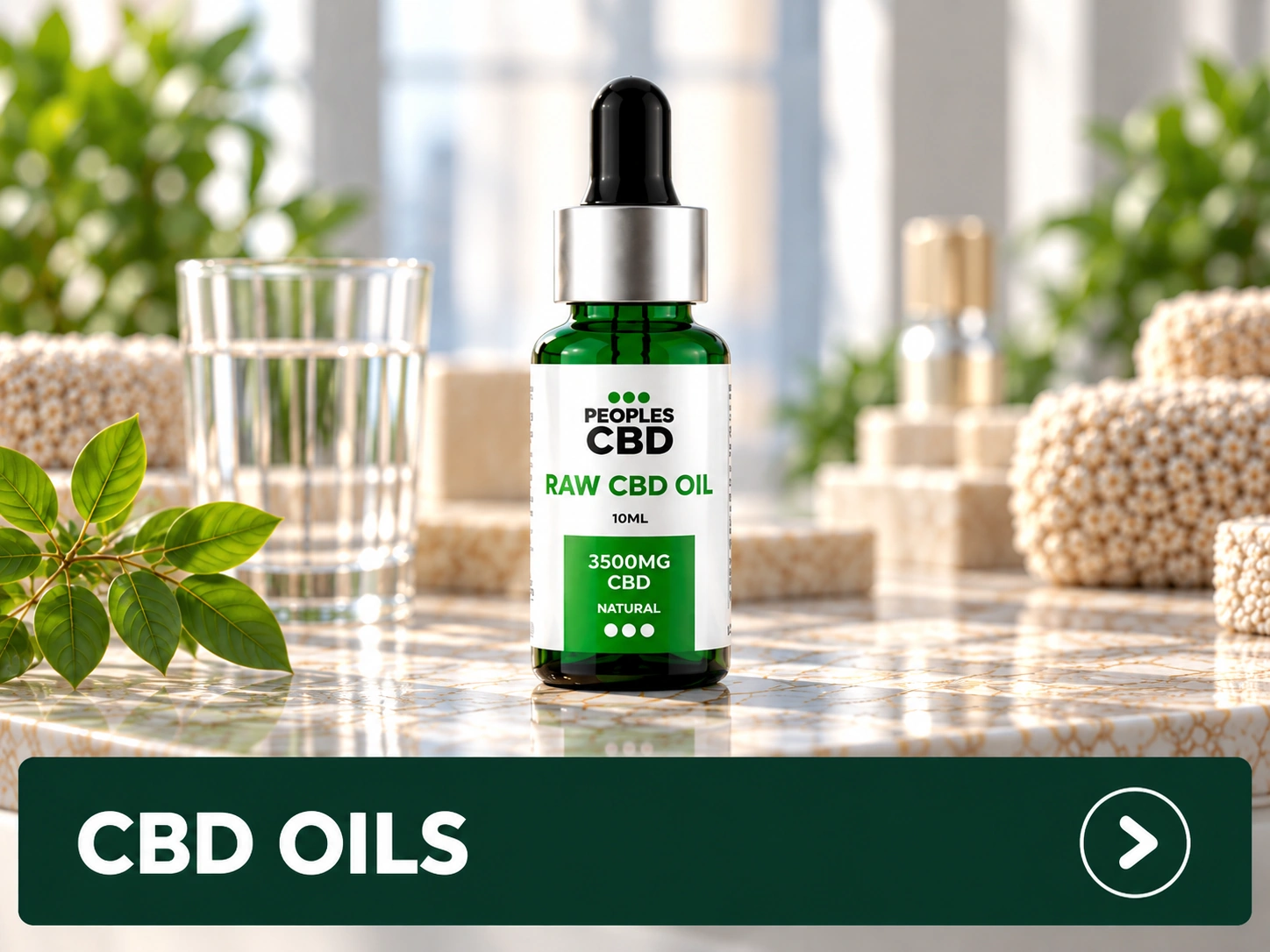 Peoples CBD Raw CBD Oil bottle with dropper, glass of water, and textured blocks Peoples CBD - Make Life Better Everyday!