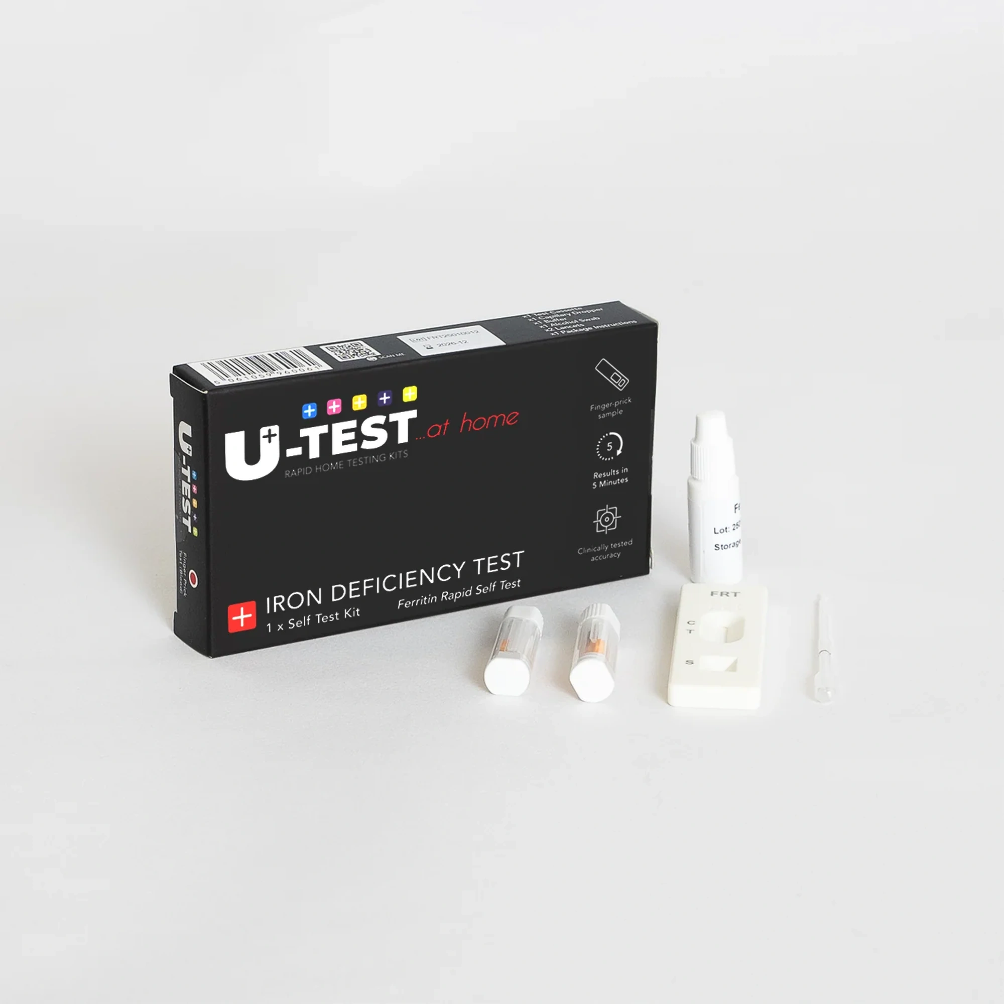 U-Test Iron Deficiency Test kit box with contents including a dropper and lancet Peoples CBD - Make Life Better Everyday!