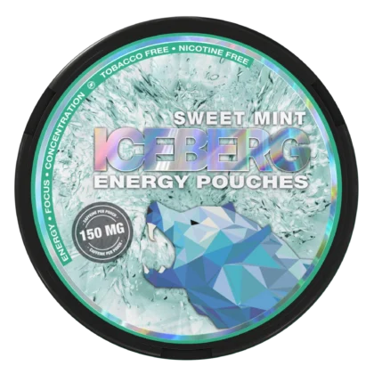 Iceberg Energy Sweet Mint can showing 150mg caffeine per pouch and nicotine-free packaging