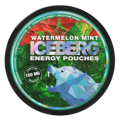 Iceberg Energy Watermelon Mint can showing 150mg caffeine per pouch and nicotine-free packaging