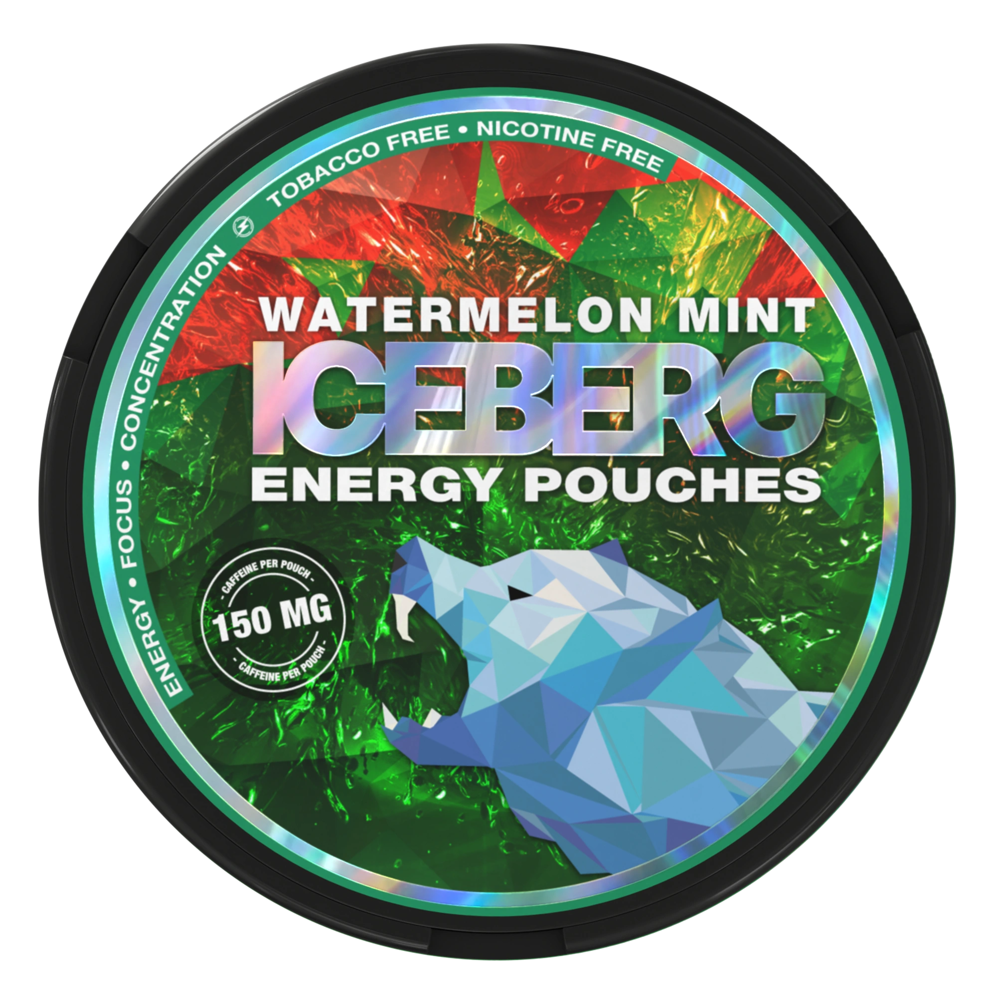 Iceberg Energy Watermelon Mint can showing 150mg caffeine per pouch and nicotine-free packaging